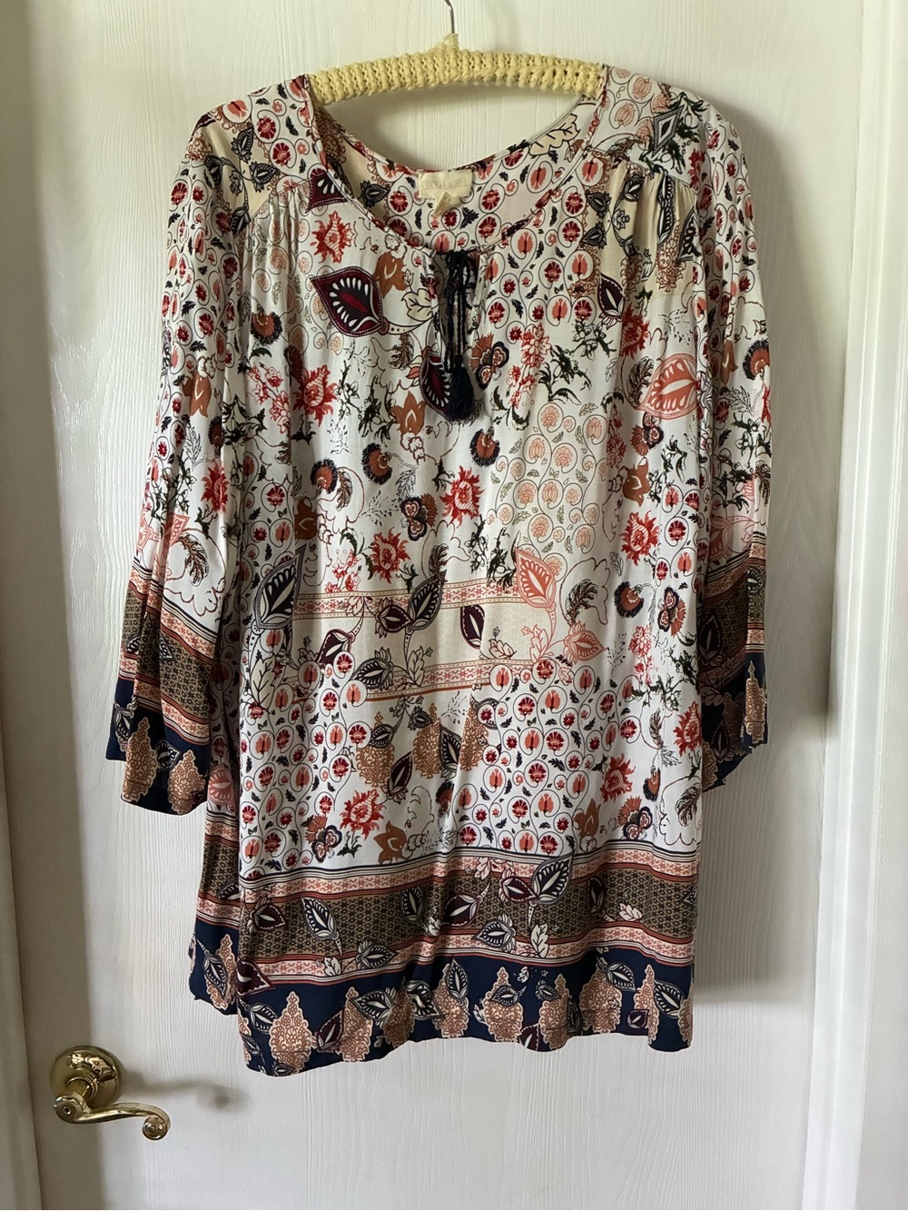 Lucy & Laurel White Multi Bohemian Tunic with Navy and Rust Accents